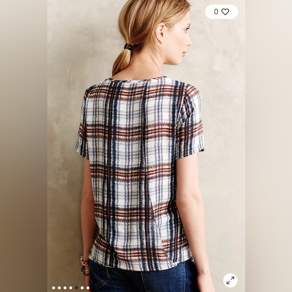 Maeve Multicolor Plaid Short Sleeve Blouse with Open Back - Picture 5 of 8